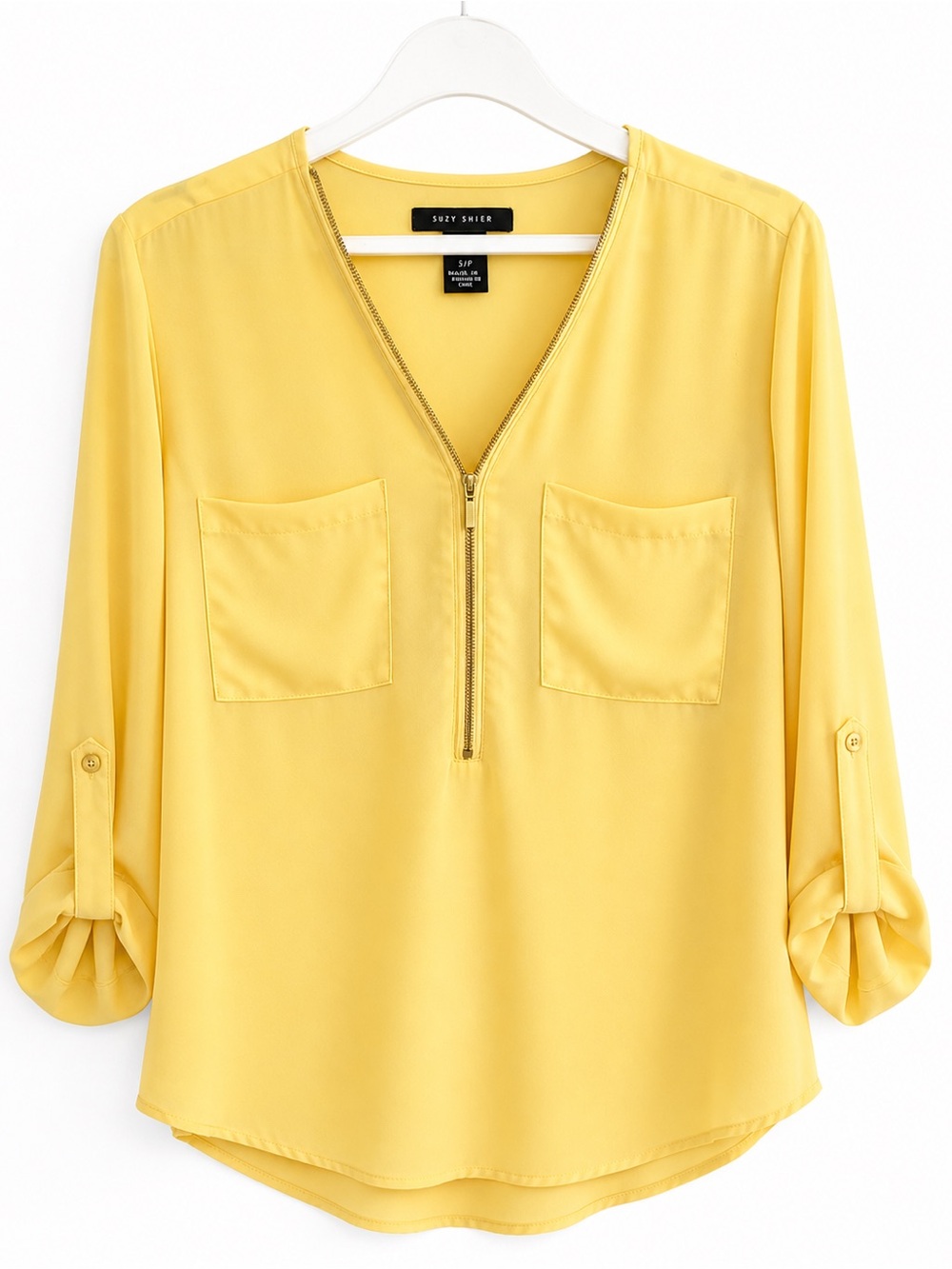 Suzy Shier Yellow Zip Front Blouse Small Lightweight 3/4 Sleeve Workwear Top